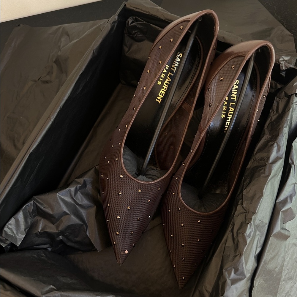 Saint Laurent Anja 105 Brown Mesh Heels with Crystals - Picture 4 of 8